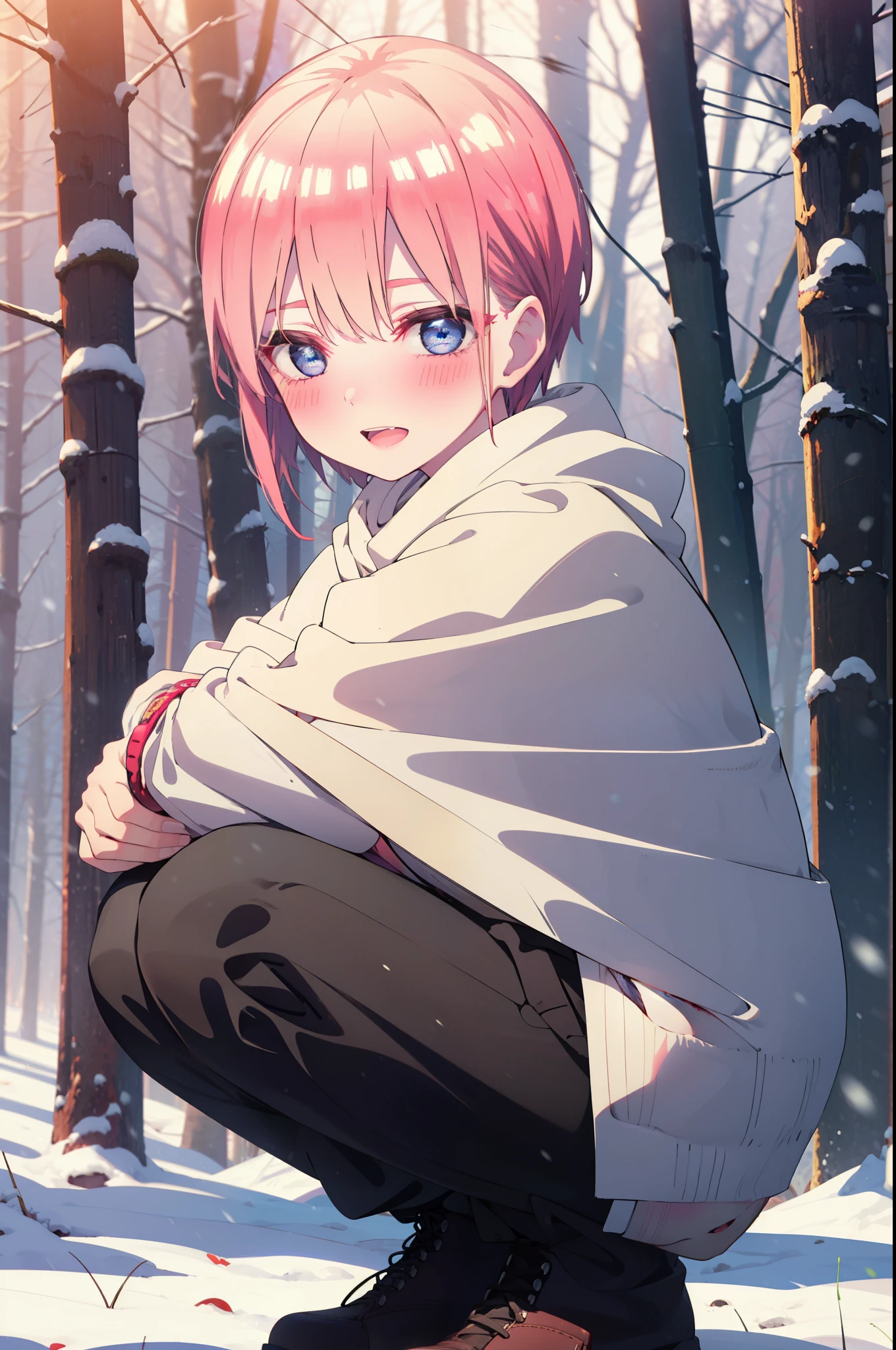 ichikanakano, ichika nakano, short hair, bangs, blue eyes, Hair between the eyes, smile,Pink Hair,smile,blush,White Breath,
Open your mouth,snow,Ground bonfire, Outdoor, boots, snowing, From the side, wood, suitcase, Cape, Blurred, Increase your meals, forest, White handbag, nature,  Squat, Mouth closed, フードed Cape, winter, Written boundary depth, Black shoes, red Cape break looking at viewer, Upper Body, whole body, break Outdoor, forest, nature, break (masterpiece:1.2), highest quality, High resolution, unity 8k wallpaper, (shape:0.8), (Beautiful and beautiful eyes:1.6), Highly detailed face, Perfect lighting, Extremely detailed CG, (Perfect hands, Perfect Anatomy),