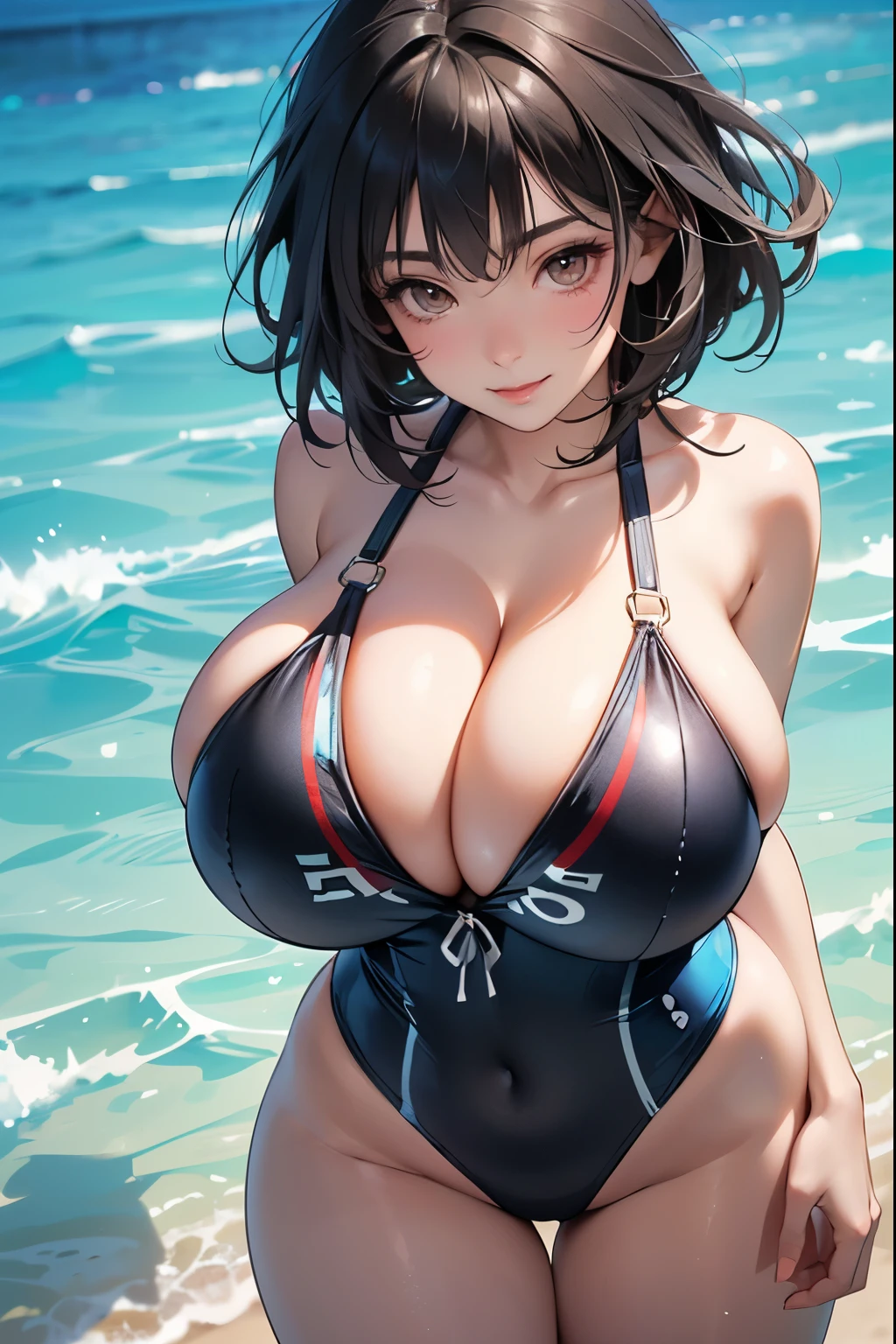 (((medium hair:1.3,black hair:1.5))),(brown eyes:2.0),(from directly above:1.5), (1 girl:2.0),(under breasts:2.0),(Smile Beam:1.5),((huge breasts:2.7)),(huge saggy breasts:2.7), ((cleavage:2.0)),((swimsuit girl:2.0)),((High leg:1.5), 20 years old,masterpiece,hyper quality, very detailed,perfect picture,3D,8k,High resolution,seductive anime girl, sporty hairstyle,Smooth anime CG art,