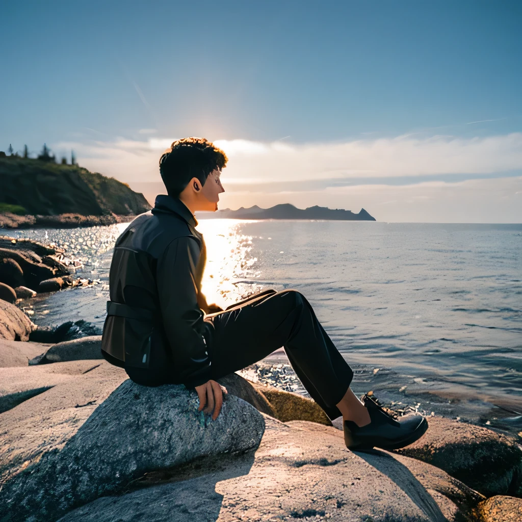 Man siting on rock looking to sea