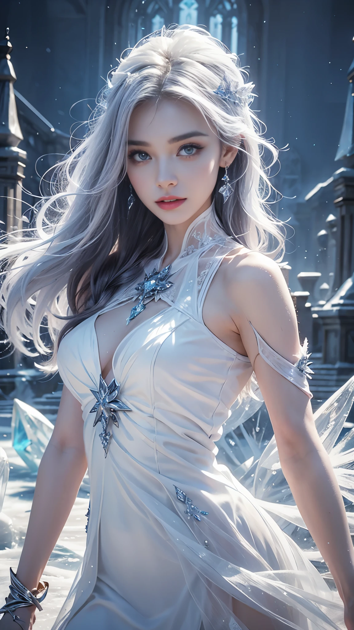 a beautiful ice goddess, good face, happy face, very long hair, realistic eyes, small breasts, ice magician, ice elemental, intricate design and details, chilling mist, cold, blizzard storm, conjuring ice spell, casting ice spell, detailed dress, (white dress:1.5), realistic ice effect, ((ice:1.5)), snow particles, dark fantasy art style, ruined city, dramatic lighting, cinematic,