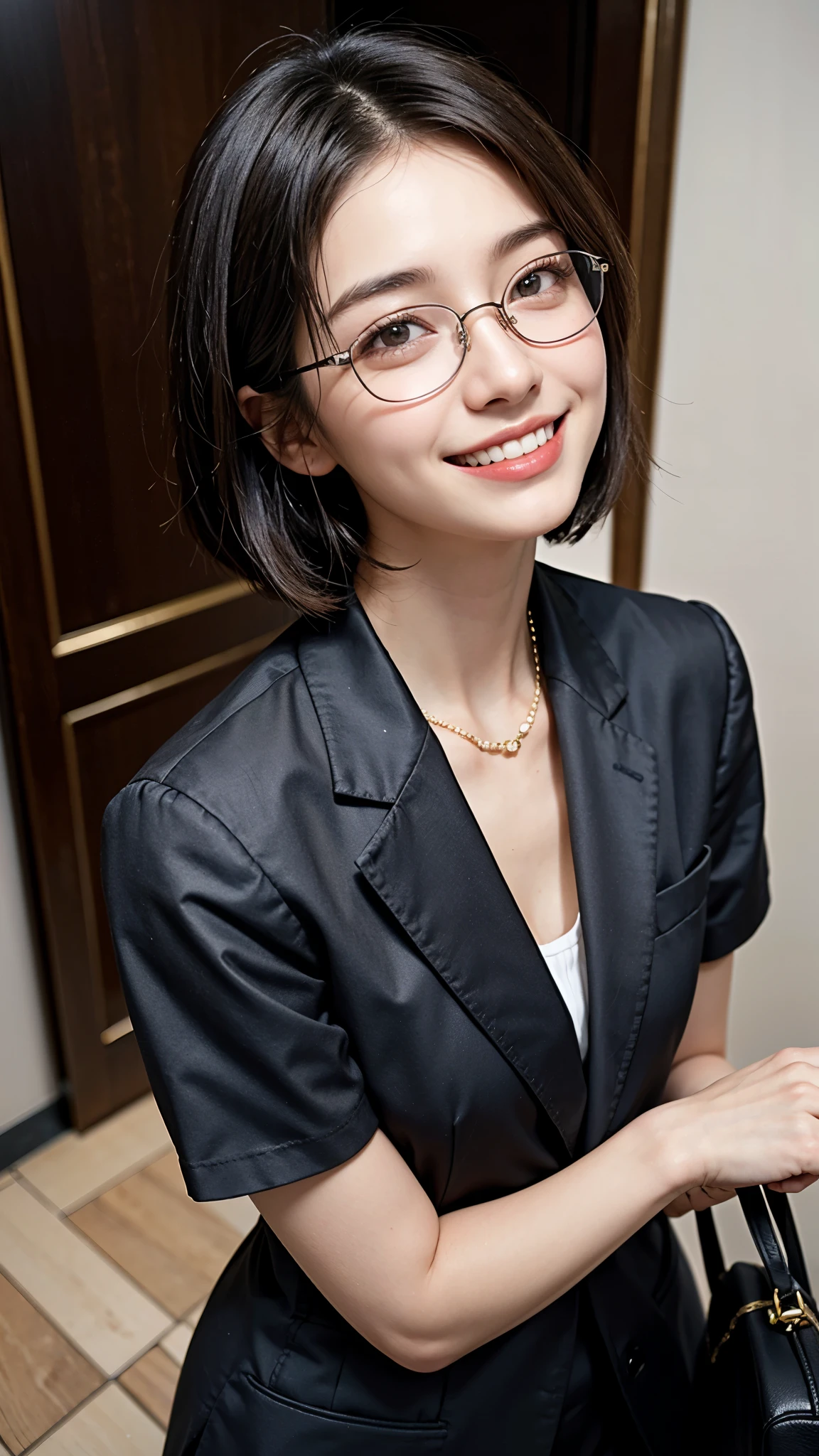 highest quality, masterpiece, Ultra-high resolution,8k, (Realistic:1.6), (Facing portraits) RAW Photos, 1 girl,(Full of smiles, Showing teeth)), ((Square black-rimmed glasses)),26 years old,((Luxury Brand Jewelry)),((Luxury business suits)),((Luxury brand bags)),((short hair)),((Looking up at the audience)),Face Focus:1.4,((Simple solid color background)), Image Media Chest)),((Smiling with teeth showing)),