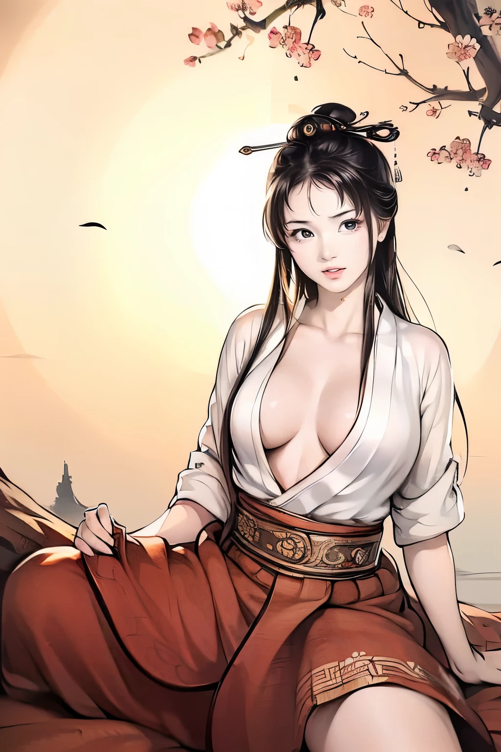 ((high-definition Chinese traditional ink image, hanfu)), eyes realistic sizing, realistic skin, drooping eyes, smiling, (spread legs, pubic hair, large areolas), ((intense masturbate)), strong sunlight, old fashion, open mouth,