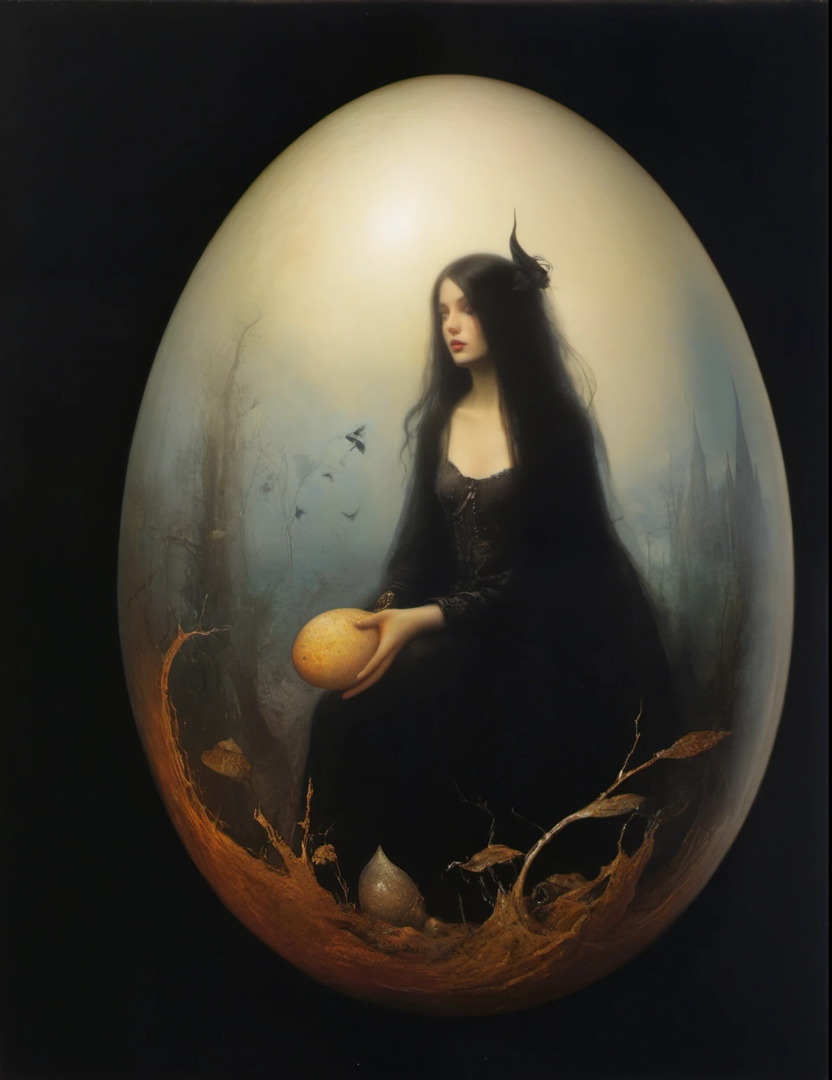 James Gurney, Surrealist art , dream-like, Mysterious, Provocative, symbolic, Complex, detailed,, (Gothic but very beautiful:1.4), (masterpiece, highest quality:1.4) , Nicola Samori Style, Fairy in an egg