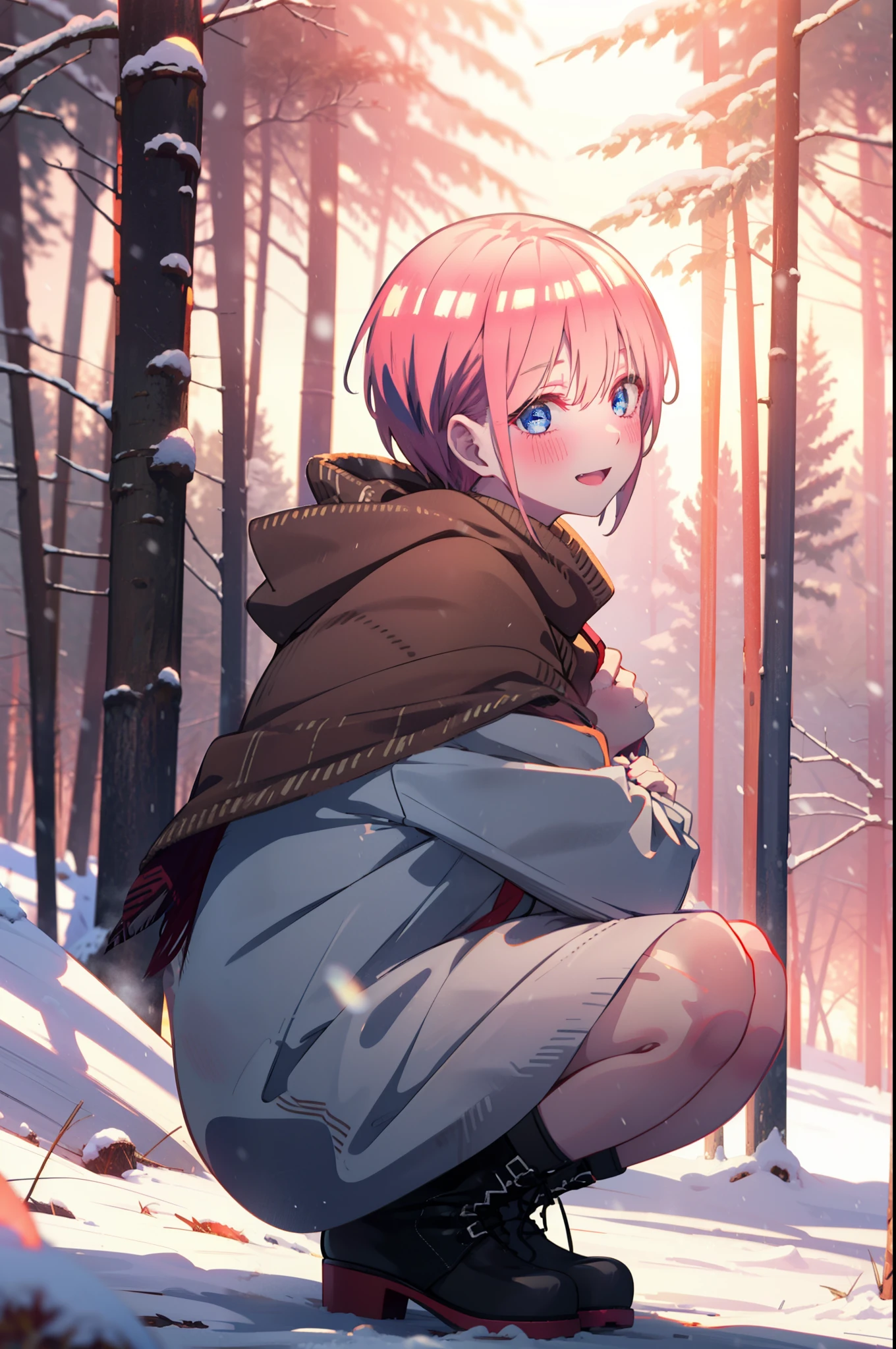 ichikanakano, ichika nakano, short hair, bangs, blue eyes, Hair between the eyes, smile,Pink Hair,smile,blush,White Breath,
Open your mouth,snow,Ground bonfire, Outdoor, boots, snowing, From the side, wood, suitcase, Cape, Blurred, Increase your meals, forest, White handbag, nature,  Squat, Mouth closed, フードed Cape, winter, Written boundary depth, Black shoes, red Cape break looking at viewer, Upper Body, whole body, break Outdoor, forest, nature, break (masterpiece:1.2), highest quality, High resolution, unity 8k wallpaper, (shape:0.8), (Beautiful and beautiful eyes:1.6), Highly detailed face, Perfect lighting, Extremely detailed CG, (Perfect hands, Perfect Anatomy),