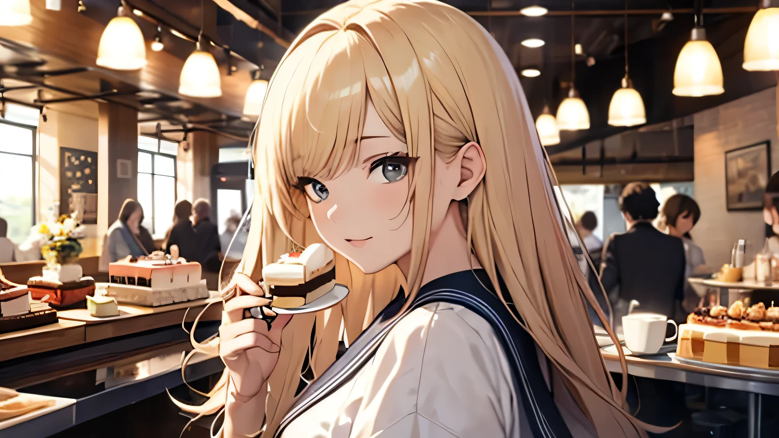 ((highest quality)), ((masterpiece)), (detailed), 8K,Perfect Face、Cafe、Eat cake、blonde、Smooth Hair、Sailor suit、Angle from the side、