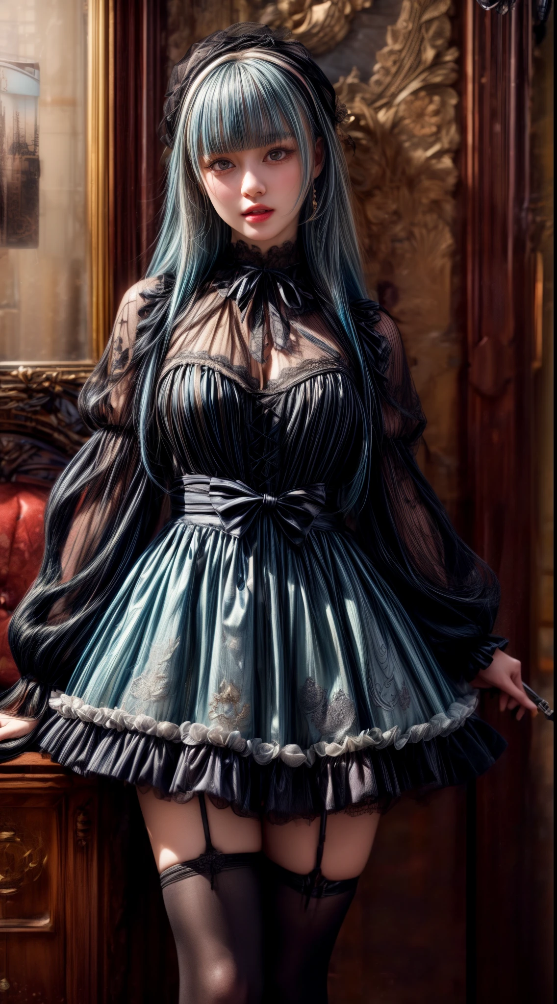 Mature Woman、Light blue hair、(Black Hair)、((Two-tone hair))、Black Lolita dress with delicate light blue decoration、Slender women、Cute Woman、 8K Ultra HD,Detailed face、Delicate texture, Long Hair、(((Blunt bangs)))、(((Drill Hair)))、Tutu skirt、thigh length tights、short boots、((Sweet Lolita))、mini skirt、A room in a Western-style building、((Delicate photo)),(Girl Astepeace RAW Photo Details:1.25), (highest quality:1.6), (超A high resolution:1.5), (Realistic:1.75), 8K resolution, Canon EOS R5, 50mm, Absurd, Very detailed,Cinema Lighting、((stuffed toy:1.3))