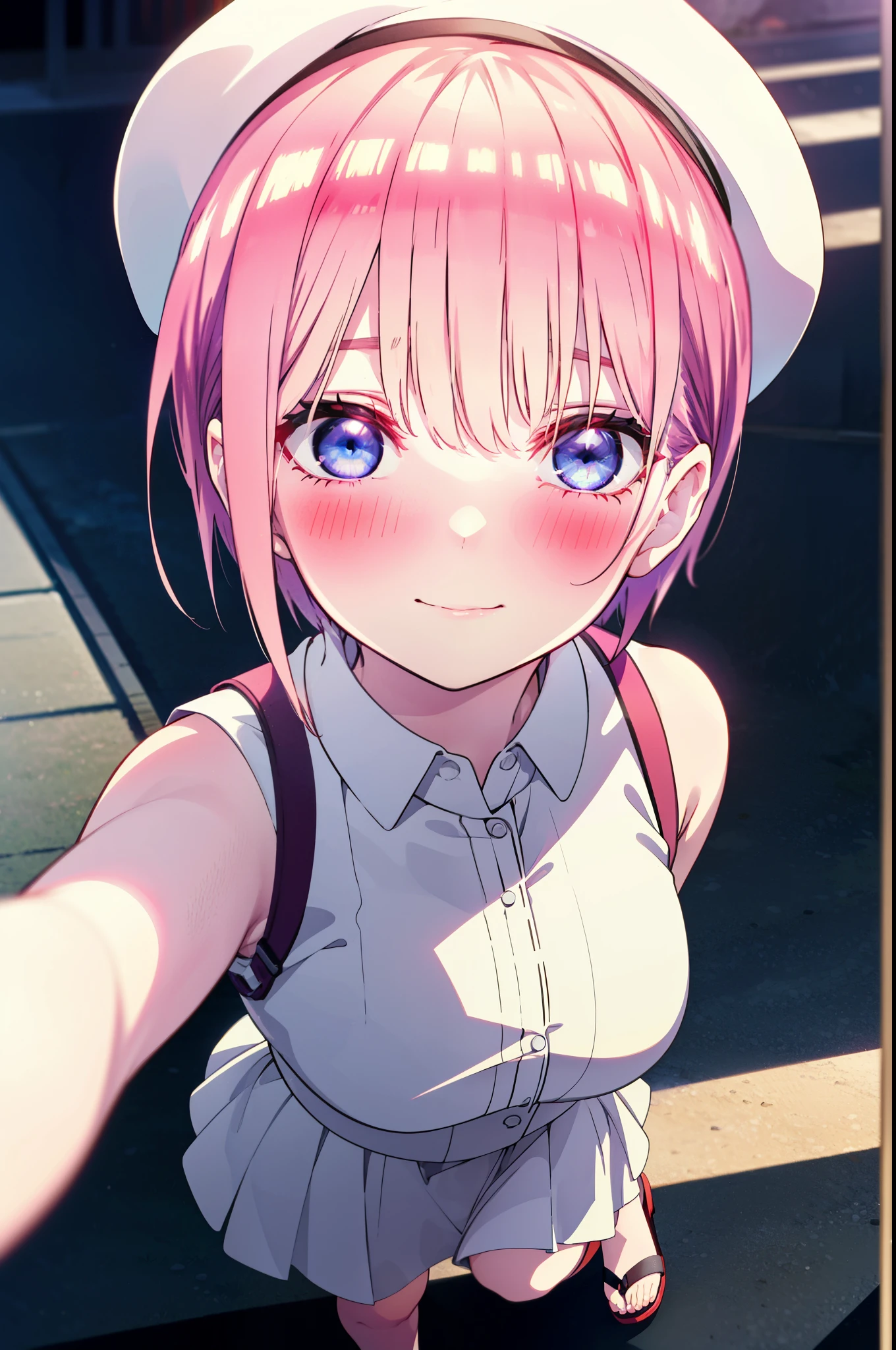 ichikanakano, ichika nakano, short hair, bangs, blue eyes, Hair between the eyes, Pink Hair, Big white hat,smile,Sleeveless white dress,Bare arms,White long skirt,Cute heeled sandals,whole bodyがイラストに入るように,Looking down from above,walk,moonlight,night,ロマンチックなnight景,Starry Sky,shooting star,下から見上げる
break outdoors, top of the hill,Building district,
break looking at viewer, whole body,
break (masterpiece:1.2), highest quality, High resolution, unity 8k wallpaper, (shape:0.8), (Beautiful details:1.6), Highly detailed face, Perfect lighting, Highly detailed CG, (Perfect hands, Perfect Anatomy),