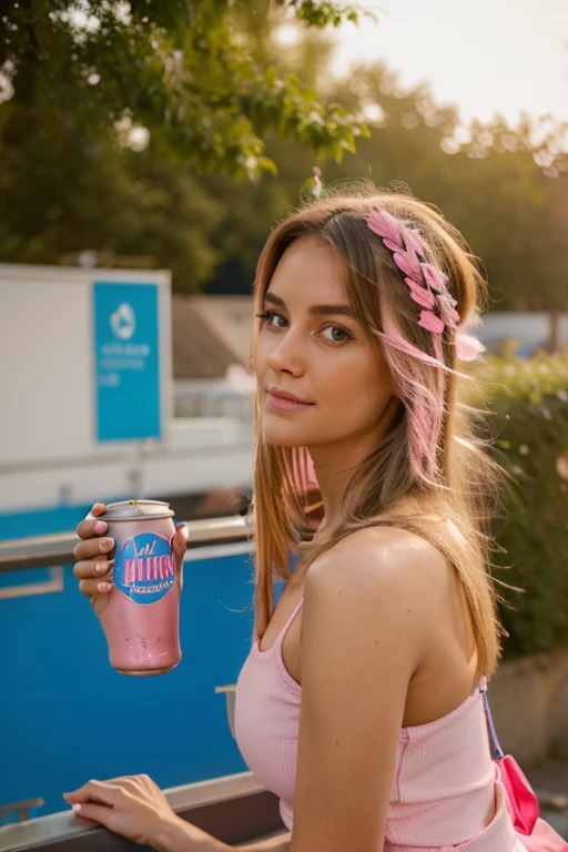 Elegant woman sipping a can of pink and blue cans at Heim, Auf den Dosen steht das Wort BYSELF, trinken, Heim, leisurely, Blush, Funkelnd, entspannend, leicht betrunken, Produktfotografie