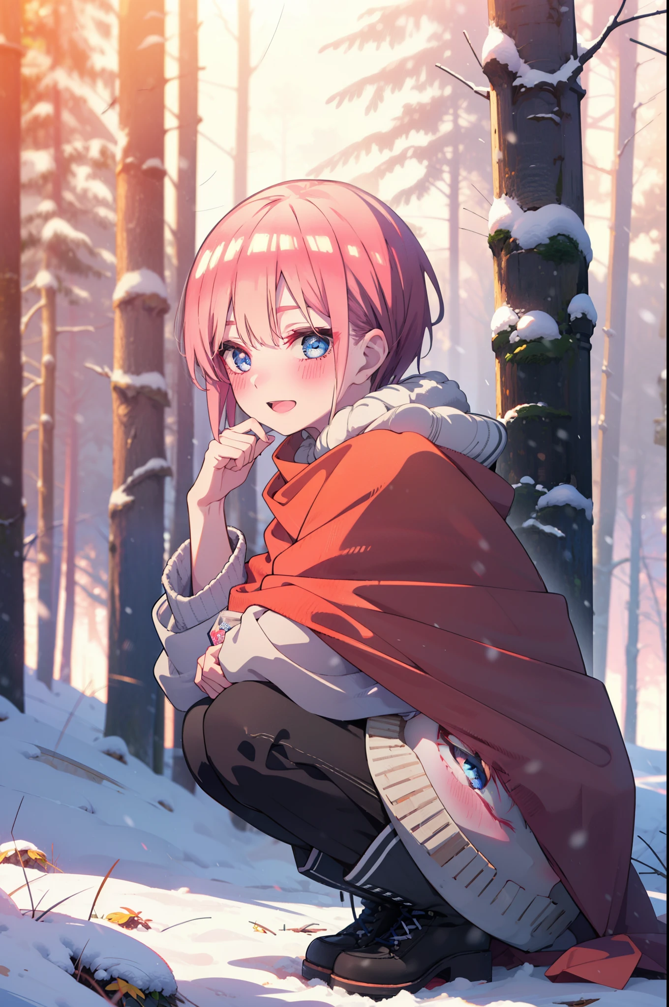 ichikanakano, ichika nakano, short hair, bangs, blue eyes, Hair between the eyes, smile,Pink Hair,smile,blush,White Breath,
Open your mouth,snow,Ground bonfire, Outdoor, boots, snowing, From the side, wood, suitcase, Cape, Blurred, Increase your meals, forest, White handbag, nature,  Squat, Mouth closed, フードed Cape, winter, Written boundary depth, Black shoes, red Cape break looking at viewer, Upper Body, whole body, break Outdoor, forest, nature, break (masterpiece:1.2), highest quality, High resolution, unity 8k wallpaper, (shape:0.8), (Beautiful and beautiful eyes:1.6), Highly detailed face, Perfect lighting, Extremely detailed CG, (Perfect hands, Perfect Anatomy),