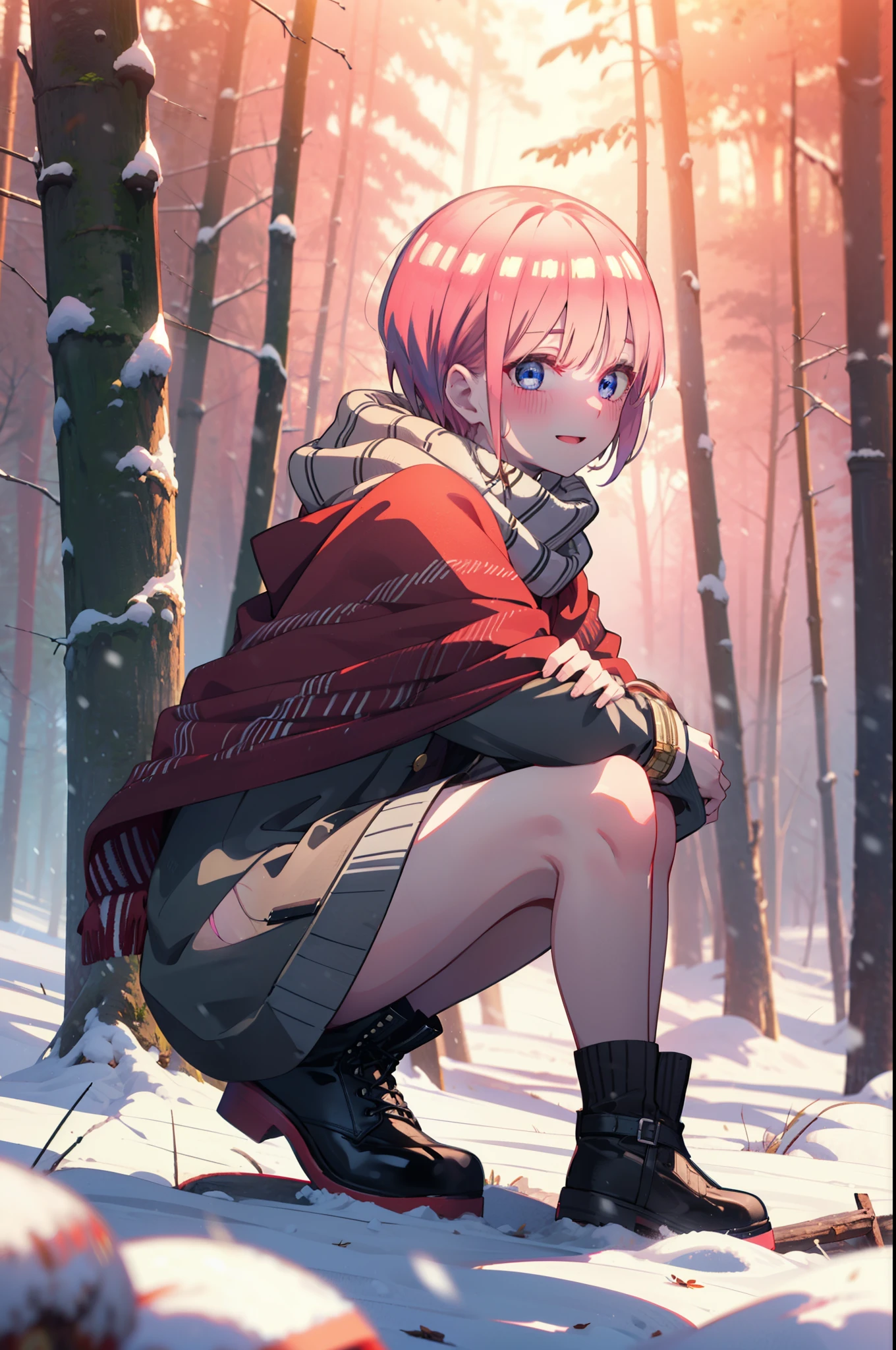 ichikanakano, ichika nakano, short hair, bangs, blue eyes, Hair between the eyes, smile,Pink Hair,smile,blush,White Breath,
Open your mouth,snow,Ground bonfire, Outdoor, boots, snowing, From the side, wood, suitcase, Cape, Blurred, Increase your meals, forest, White handbag, nature,  Squat, Mouth closed, フードed Cape, winter, Written boundary depth, Black shoes, red Cape break looking at viewer, Upper Body, whole body, break Outdoor, forest, nature, break (masterpiece:1.2), highest quality, High resolution, unity 8k wallpaper, (shape:0.8), (Beautiful and beautiful eyes:1.6), Highly detailed face, Perfect lighting, Extremely detailed CG, (Perfect hands, Perfect Anatomy),