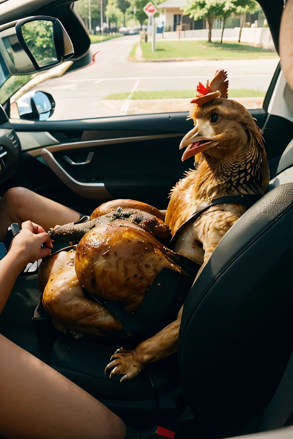 two roasted chicken driving a car in hot weather.