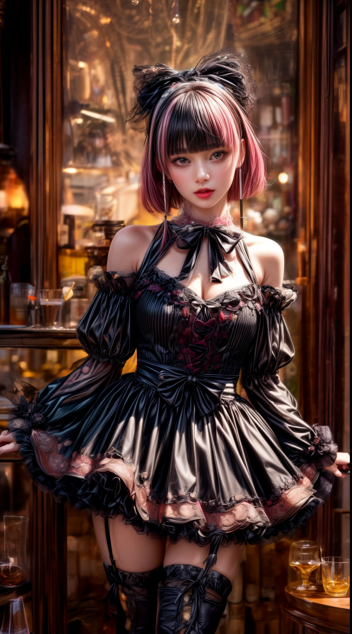 Mature Woman、Pink Hair、Black Hair、((Two-tone hair))、Black Lolita dress with delicate pink embellishments、Slender women、Cute Woman、 8K Ultra HD,Detailed face、Delicate texture, Long Hair、(((Blunt bangs)))、(((Drill Hair)))、Tutu skirt、Thigh-length tights、short boots、((Sweet Lolita))、mini skirt、A room in a Western-style building、((Delicate photo)),(Girl Astepeace RAW Photo Details:1.25), (highest quality:1.6), (超A high resolution:1.5), (Realistic:1.75), 8K resolution, Canon EOS R5, 50mm, Absurd, Super detailed,Cinema Lighting、((Lollipop and whiskey glass:1.25))