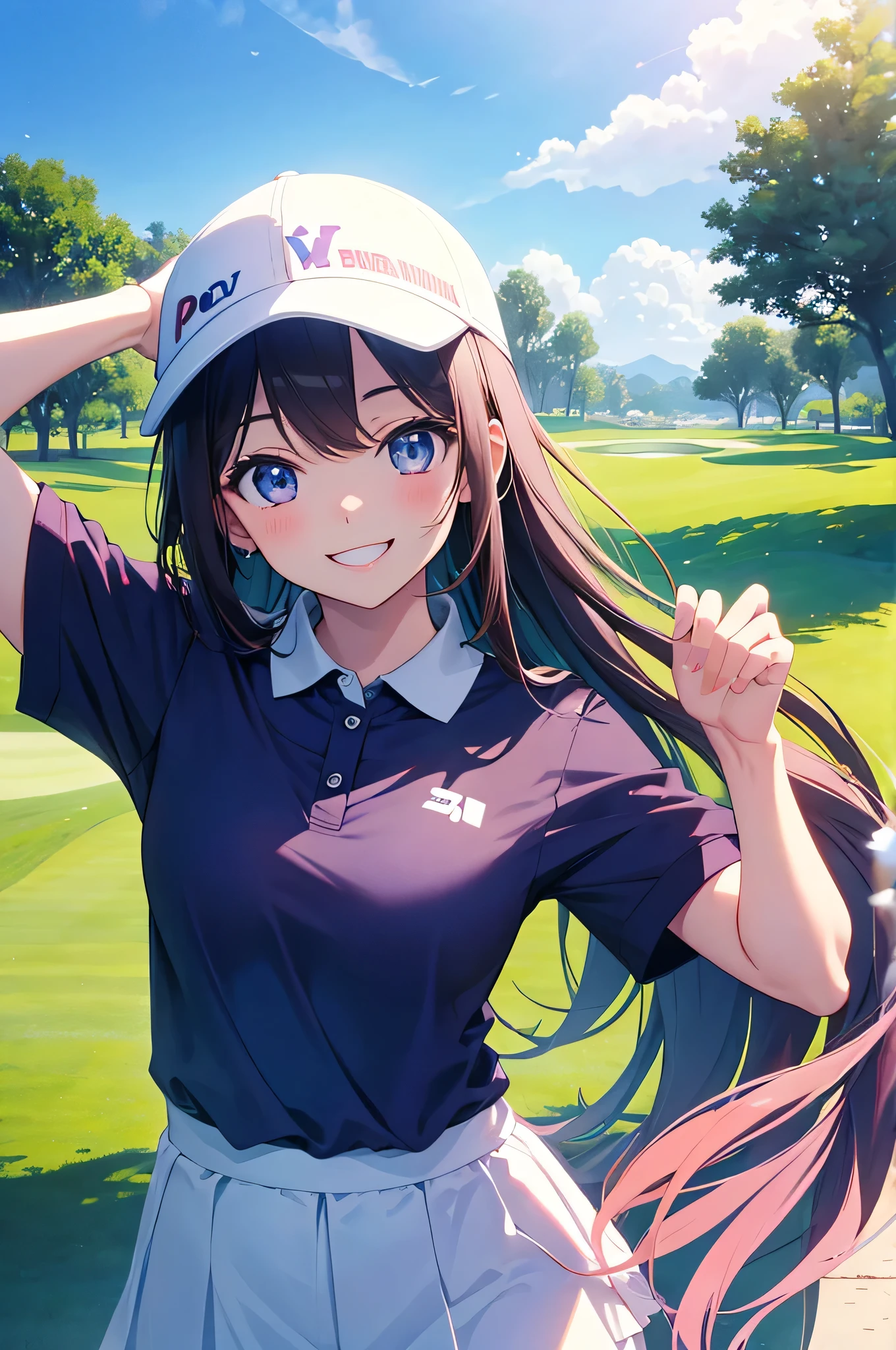 highest quality、anime、pretty girl、Polo shirt、visor、Golf course、Sunny daytime、early summer、Beautiful smile、Happy expression、
