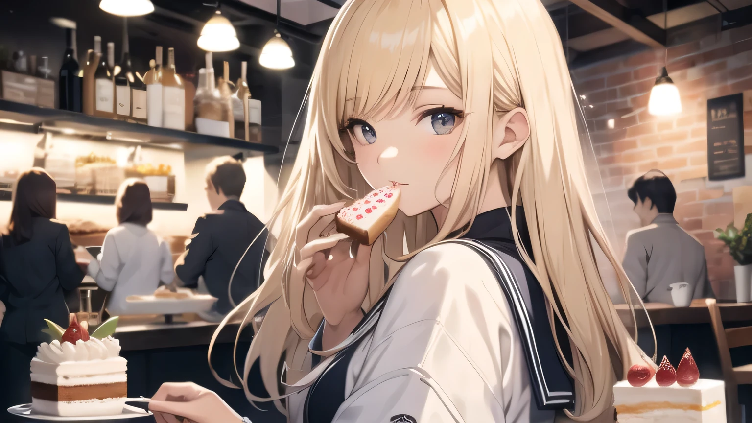 ((highest quality)), ((masterpiece)), (detailed), 8K,Perfect Face、Cafe、Eat cake、blonde、Smooth Hair、Sailor suit、Angle from the side、
