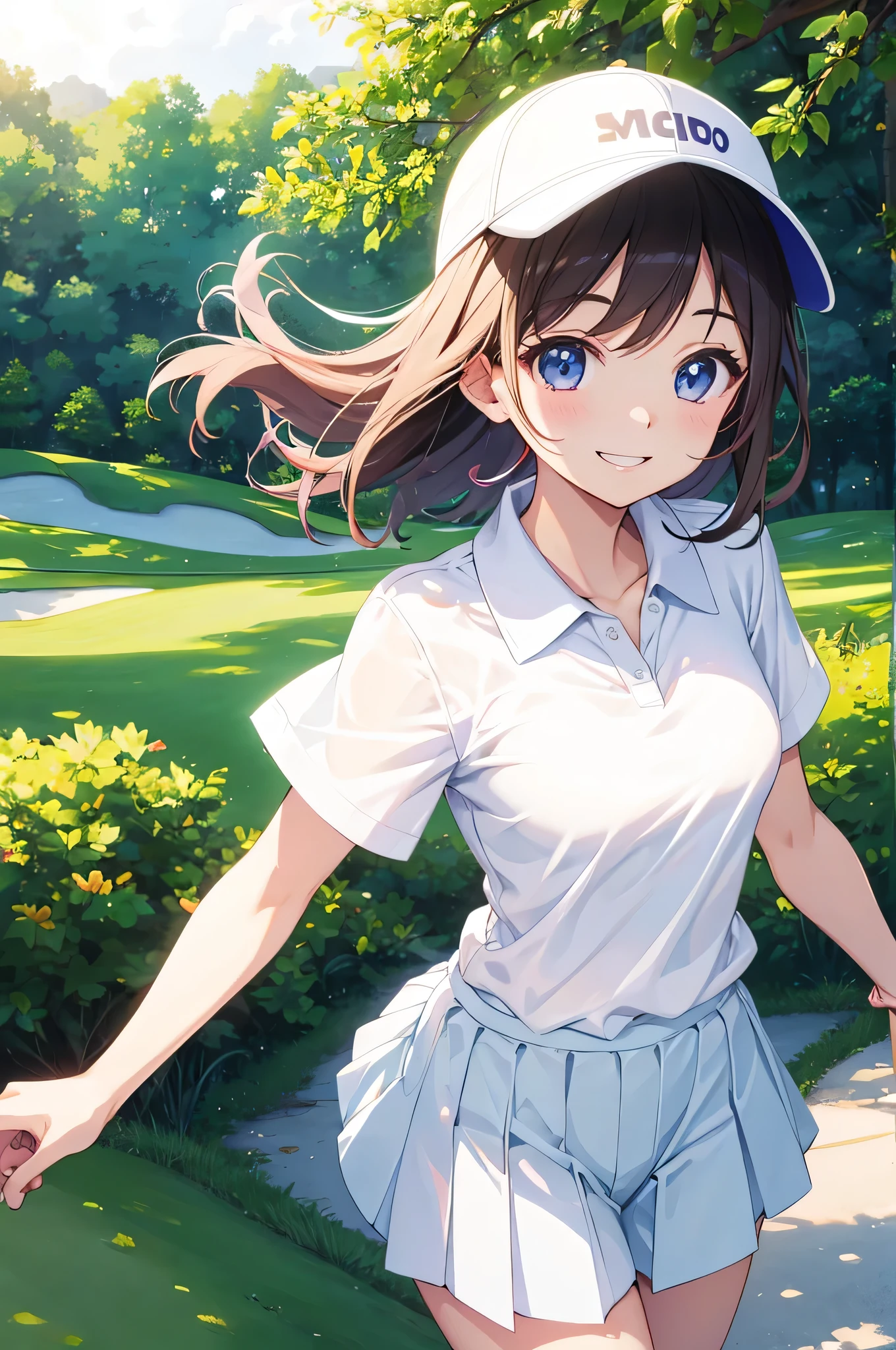 highest quality、anime、pretty girl、Polo shirt、visor、Golf course、Sunny daytime、early summer、Beautiful smile、Happy expression、