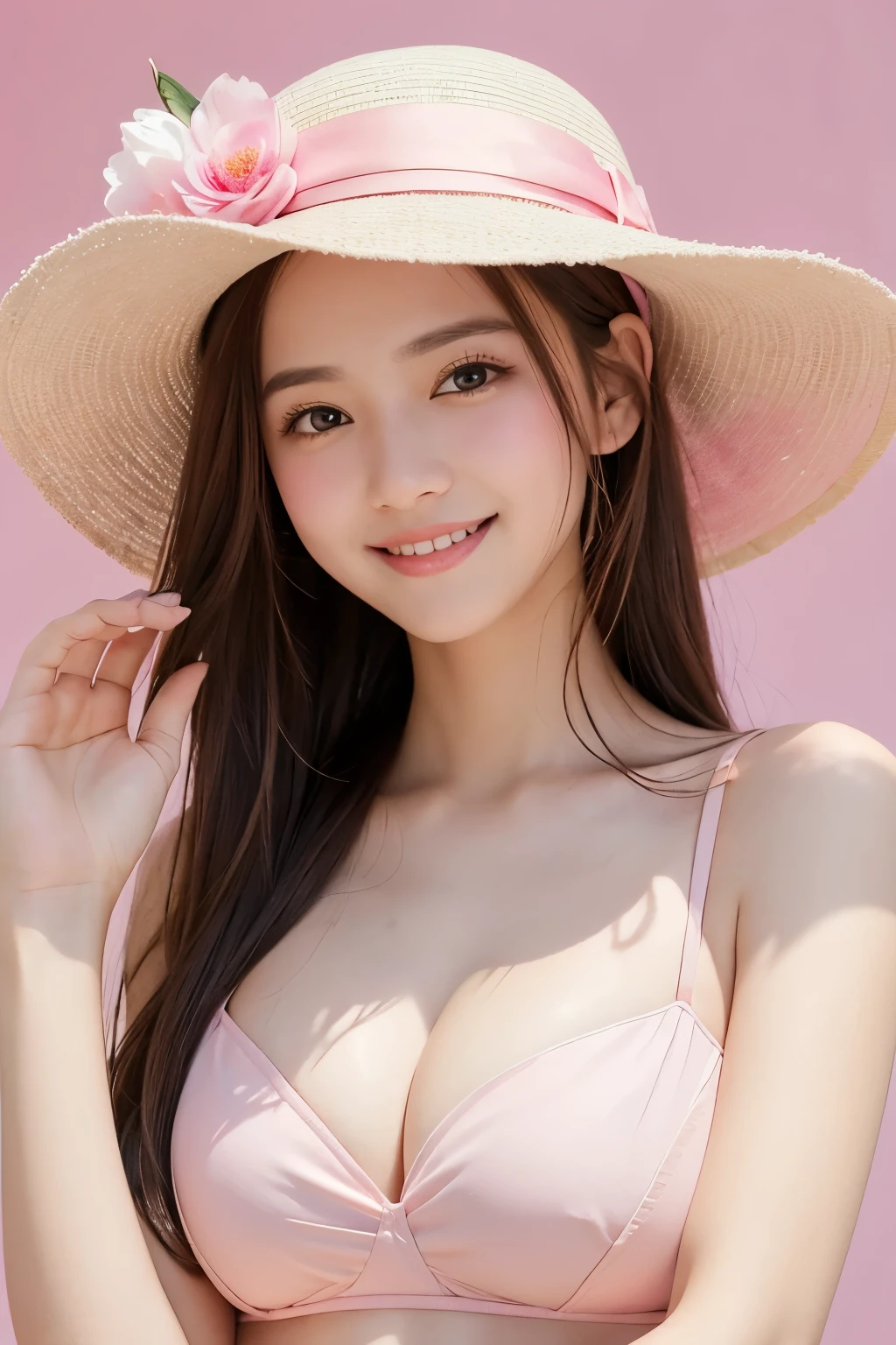 Pink Background、Pink clothes made of various flowers、Pink story hat、Cute face、Large Breasts、Slim body、Surrounded by all sorts of pink stories、looking at the camera、smile、