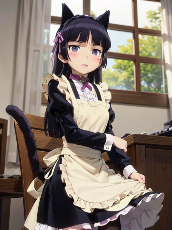 Ultra-high resolution, Attention to detail, (ruri gokou), blush, black hair, mole, mole under eye, 1 girl, Maid clothes, Cat ear, Black Tail, Anime Style, (apronスカート), Midi Skirt, stockings, apron, Frills, ribbon, race, sense of cleanliness, cute, grace, service, (Demure), Cosplay, Knee-high socks, Black cat tail, collar, cuffs,Victorian, satin,
