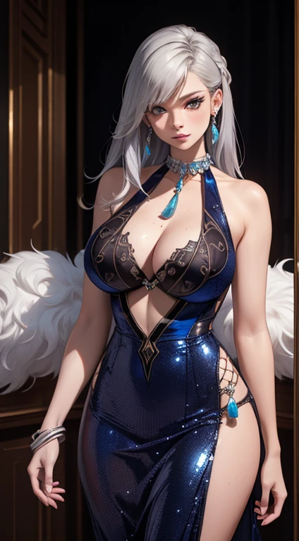 Best quality, masterpiece, realistic, Beautiful sexy cool tall, slim, fit woman, wearing fancy silver-blue-black sequin  dress, intricate and highly detailed, cleavage, long silver hair, body chain, jewelry.