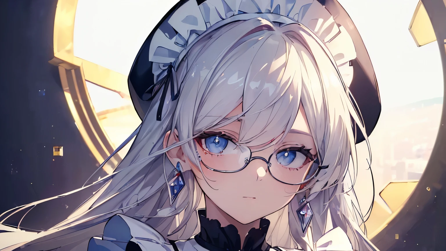 (((highest quality, 8k, masterpiece: 1.3)), (detailed), Perfect Face,, mullet, rimless eyewear, Art Deco, backlighting, UHD, textured skin, best quality, 8k, accurate, White brim, British style maid, maid costume