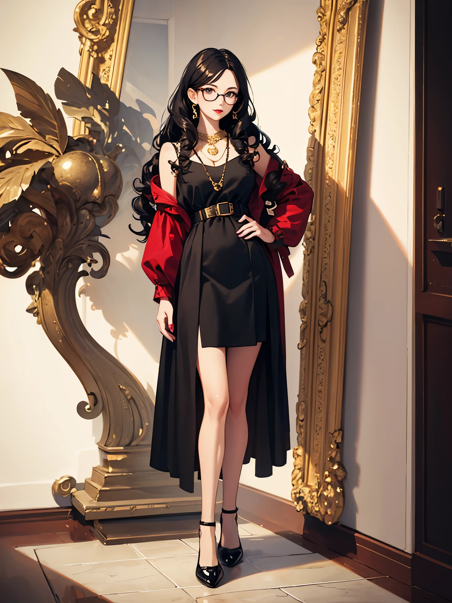 ((best quality)), ((masterpiece)), (detailed), A girl,(Perfect face),((Black-rimmed glasses)),Red lips,Oval face,Black skirt,Gold necklace,Long hair,curly,Clean background,((full-body shot))