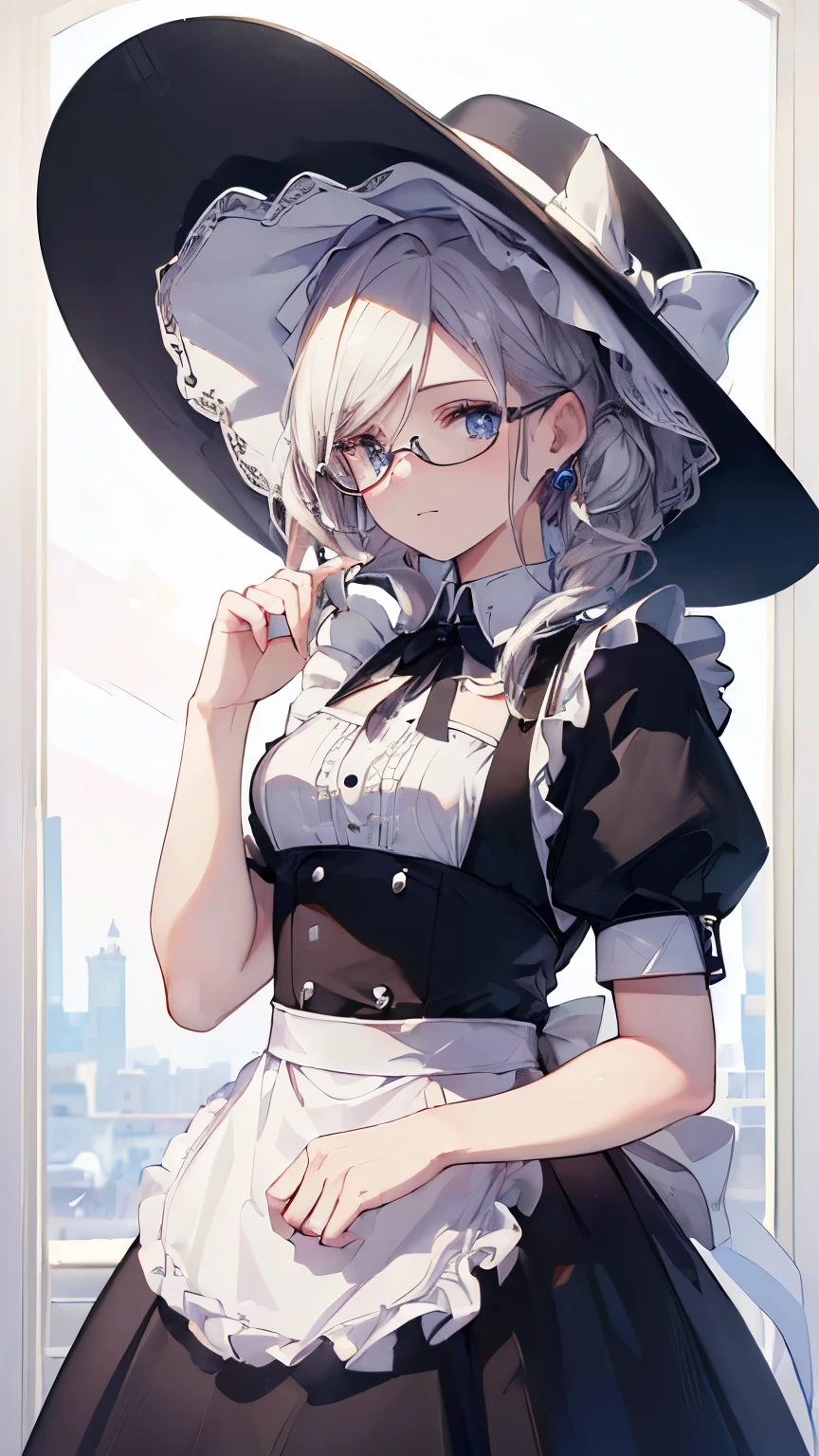 (((highest quality, 8k, masterpiece: 1.3)), (detailed), Perfect Face,, mullet, rimless eyewear, Art Deco, backlighting, UHD, textured skin, best quality, 8k, accurate, White brim, British style maid, maid costume