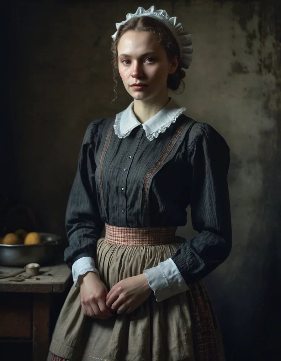 Realistic Portrait of a Soviet Maid in an Old Photo Studio, Maid's Costume, Dark Light, Heavy Atmosphere, Muted Colors of Skirt, Light Skinned Face, Rembrandt Light, Andrea Kowch Style