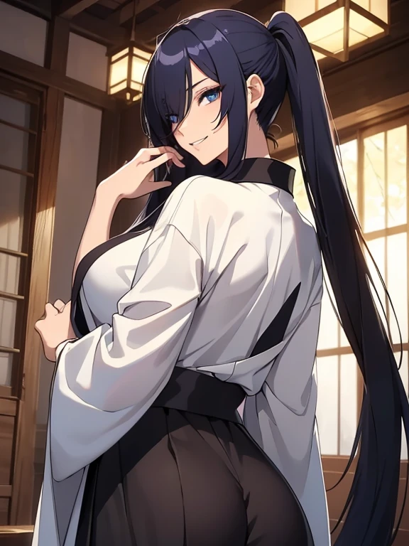 (top-quality、masterpiece:1.2) 1girl in、Beautiful fece、(White Doshi、Long Black Hakama) poneyTail、long hair of light blue near white,、Blue eyes、Japanese Katana Sword、Colossal 、Ass Big Style、elegent、enticing、Beautiful and well-groomed face、beautidful eyes、beautiful hairl、slick skin、Beautiful mouth、Fashionable with a change of clothes、Pulling up your hair、One hand is on his hip((Hair over one eye, one eye covered)) (Vicious look、Vulgar smile)