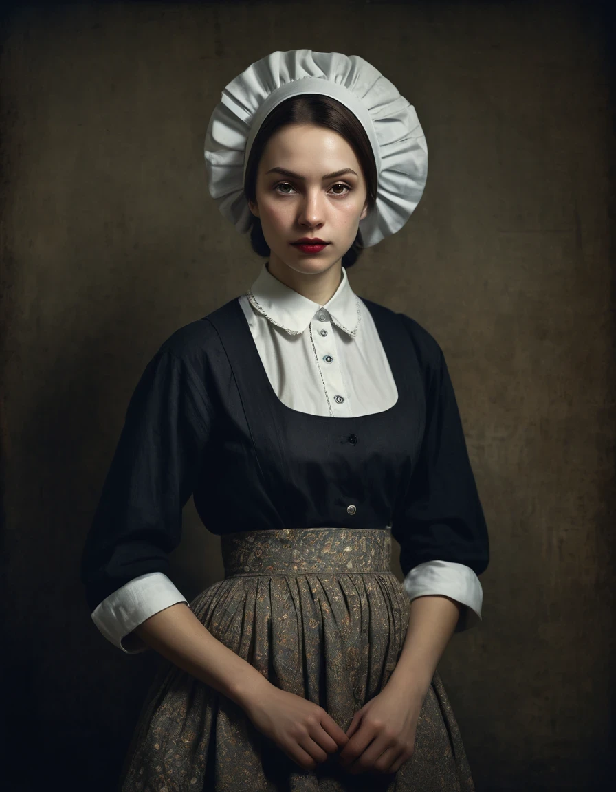 in style of Hayv Kahraman , design, Realistic Portrait of a Soviet Maid in an Old Photo Studio, Maid's Costume, Dark Light, Heavy Atmosphere, Muted Colors of Skirt, Light Skinned Face, Rembrandt Light, Andrea Kowch Style，