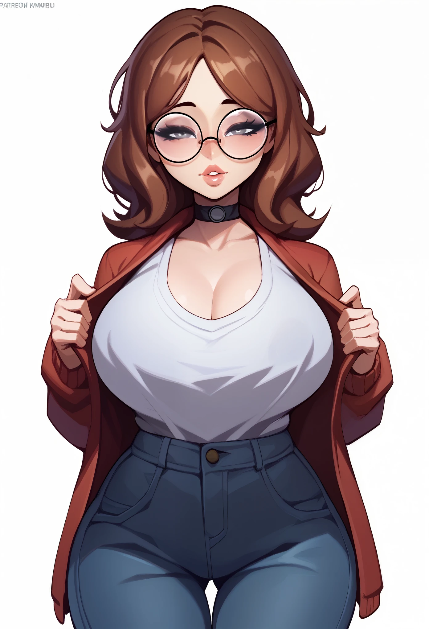 score_9, score_8_up, score_7_up, score_6_up, score_5_up, score_4_up, BREAK 1girl, brown hair, loose hair, grey eyes, thick lips, long eyelashes, half-closed eyes, black-framed eyewear, round eyewear, black choker, motherly, MILF, mature, adult, black eyeliner, looking at viewer, BREAK solo, standing, large breasts, adult, skinny, highleg, arched back, thigh gap, cardigan, black jeans, BREAK (white background:1.2), simple background, dynamic pose, dynamic angle, angled shot,
