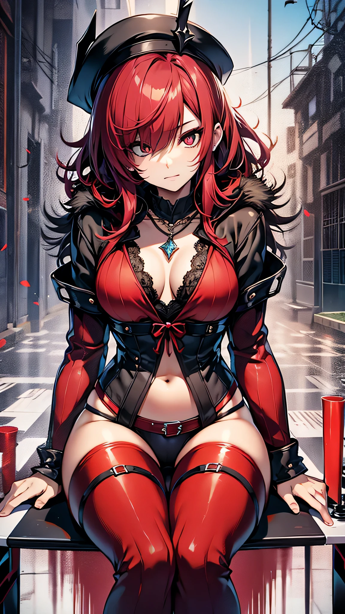 Highest quality、Highest quality、Masterpiece、girl((Metal body,5、as soon as、Highest Bust、Medium Bust、Wide open chest、Red glowing eyes、Black Ear、Red Mesh、Disheveled Hair、Loincloth、thin、The best valley、Open chest、Red Cape、hair ornaments、Full body view、Black short-sleeved hoodie、Red pants、Ruby Necklace、No underwear、hat,Intoxication、Sit on a chair、Crossing your legs))、high quality、Beautiful Art、background((night、Red room、Cool chair,Cool chess board、table、red wine))、flight、Flying Debris、Depth of text、movie、Visual Arts、Perfect Art、8K、Genuine、Special Angles
