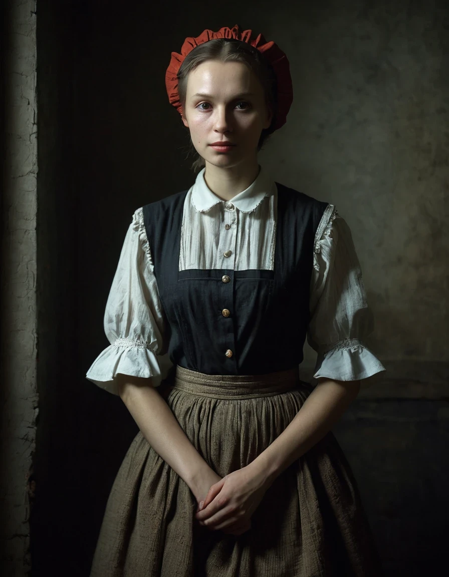 Realistic Portrait of a Soviet Maid in an Old Photo Studio, Maid's Costume, Dark Light, Heavy Atmosphere, Muted Colors of Skirt, Light Skinned Face, Rembrandt Light, Andrea Kowch Style