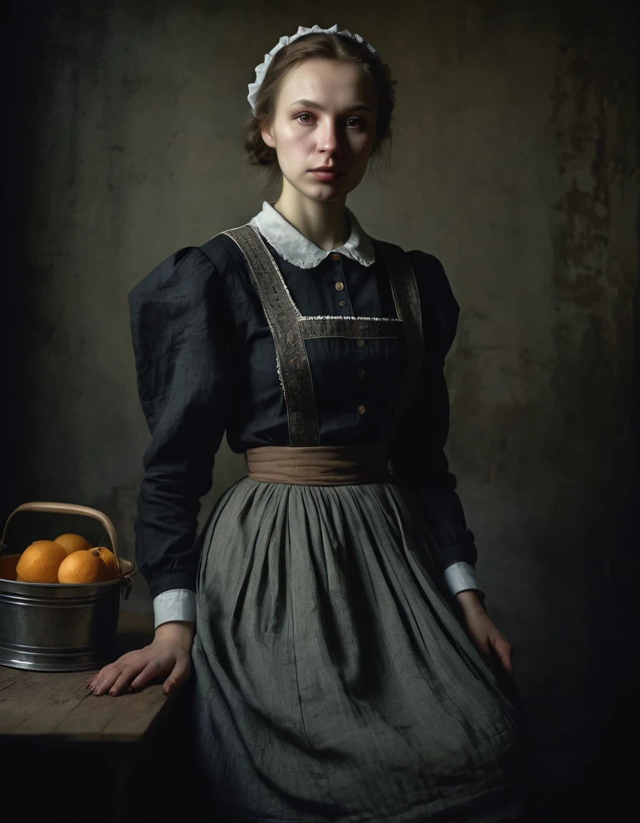 Realistic Portrait of a Soviet Maid in an Old Photo Studio, Maid's Costume, Dark Light, Heavy Atmosphere, Muted Colors of Skirt, Light Skinned Face, Rembrandt Light, Andrea Kowch Style