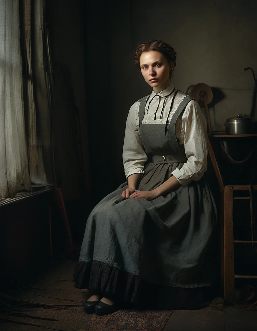 Realistic Portrait of a Soviet Maid in an Old Photo Studio, Maid's Costume, Dark Light, Heavy Atmosphere, Muted Colors of Skirt, Light Skinned Face, Rembrandt Light, Andrea Kowch Style