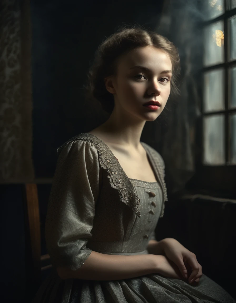 realistic portrait of a Soviet girl in old photo studio, dark light, heavy atmosphere, soft colors of the dress, light-skinned face, Rembrandt light, Andrea Kowch style