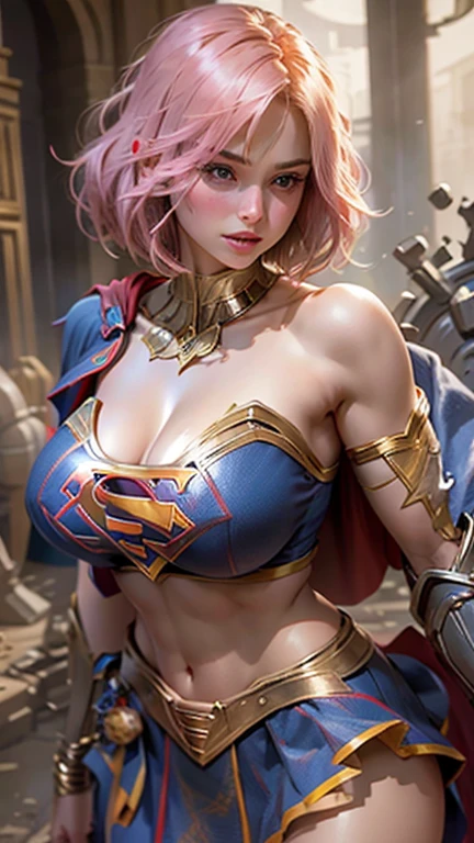 Beautiful woman short hair defined body big breasts, wearing Supergirl cosplay