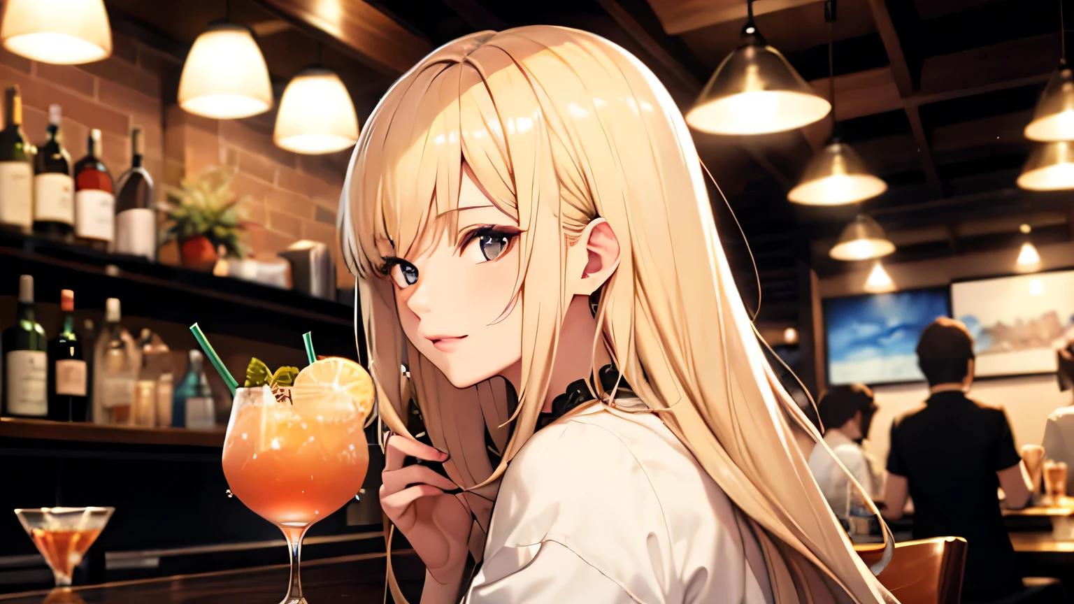 ((highest quality)), ((masterpiece)), (detailed), 8K,Perfect Face、Cafe、Drink a cocktail、blonde、Smooth Hair、Angle from the side、Delicate lines、
