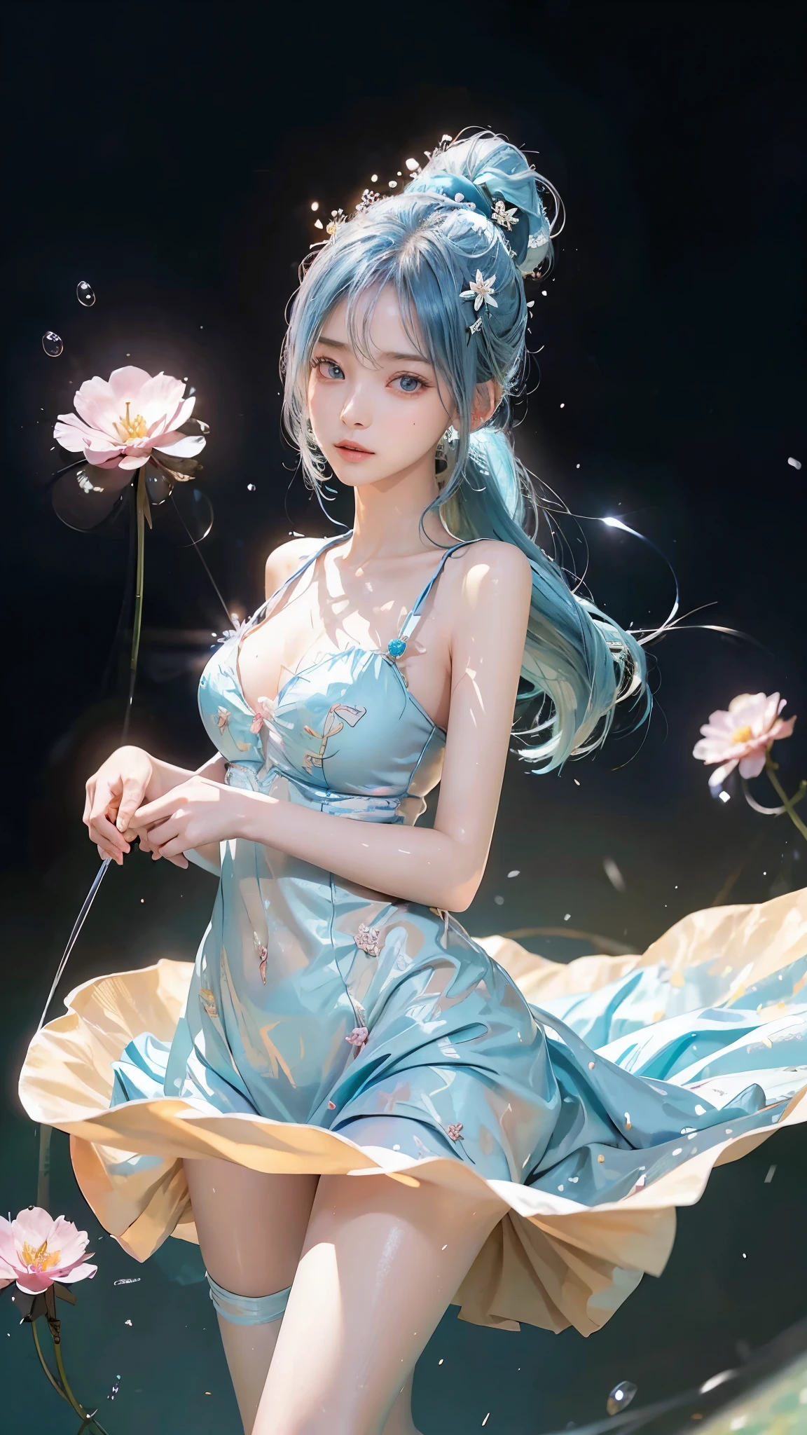 (masterpiece), (best quality), (Super detailed),(disheveled hair),(illustration), (1 girl), (fashion clothing), Permanently installed, fashion model, looking at the audience, (interview), (simple background),Beautiful and delicate eyes, Exquisite and beautiful face, floating,(high saturation),(colorful splash),Colorful bubbles,(Shiny), focus on face, ponytail, Ayaka Kamisato, light blue hair, Bangs, hair ring, floating flowers, floating hair, (Shiny), best lighting, best shadow,