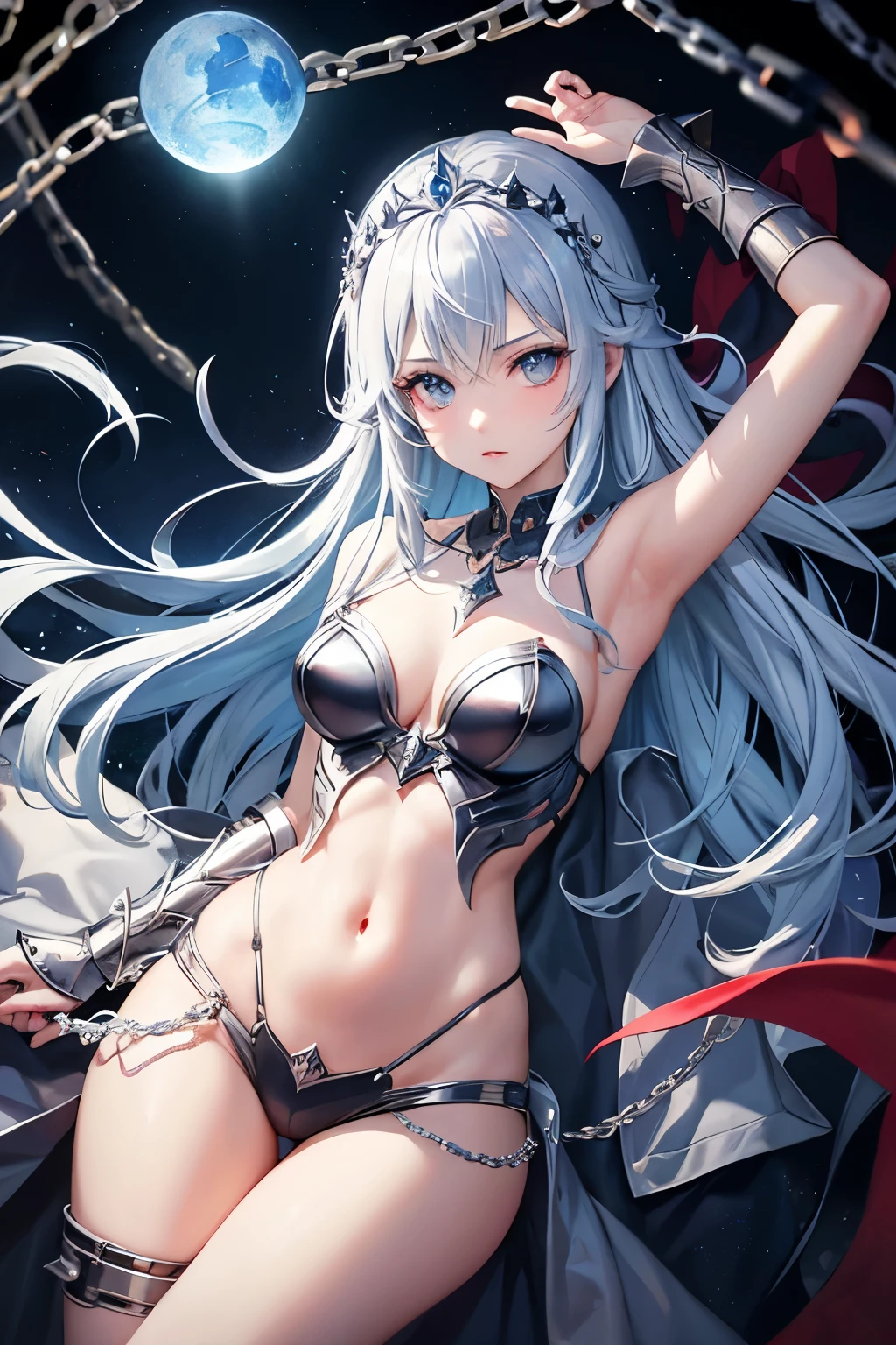 High resolution、Girl、Silver Hair、Long Hair,(),Lion ears、Grey Eyes、Slender、Toned body、knight,,Tattoo,