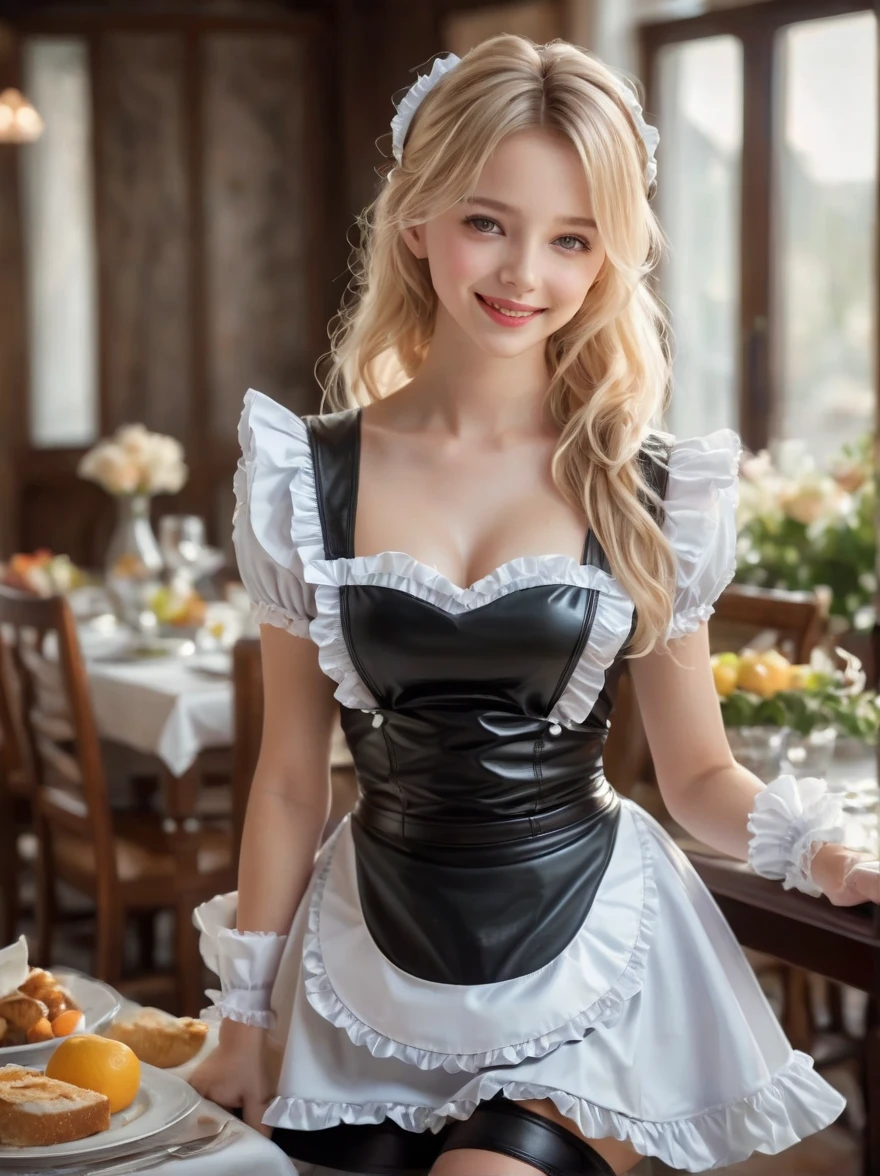 (masterpiece,Best quality), (Absurdity:1.3), (Photo Realism:1.4), RAW photos of beautiful European girls, (Ultra Detail, Ultra-realistic, 8k, Ultra-high resolution), (Dynamic poses:1.2), blond, Long hair, (High Detail Skin, Detailed skin texture:1.1), BREAK 1girl, Young Girls, Detail eyes, Detail face, (Cute maid costume:1.6), (Black stockings:1.3),(Wearing black leather shoes:1.5),Ruffles, Room, dining table, tablecloth, (dinner is served:1.2), Shot by a professional photographer,Bokeh,Sharp focus,Depth of Field,Standing,Smile,whole body,Vision