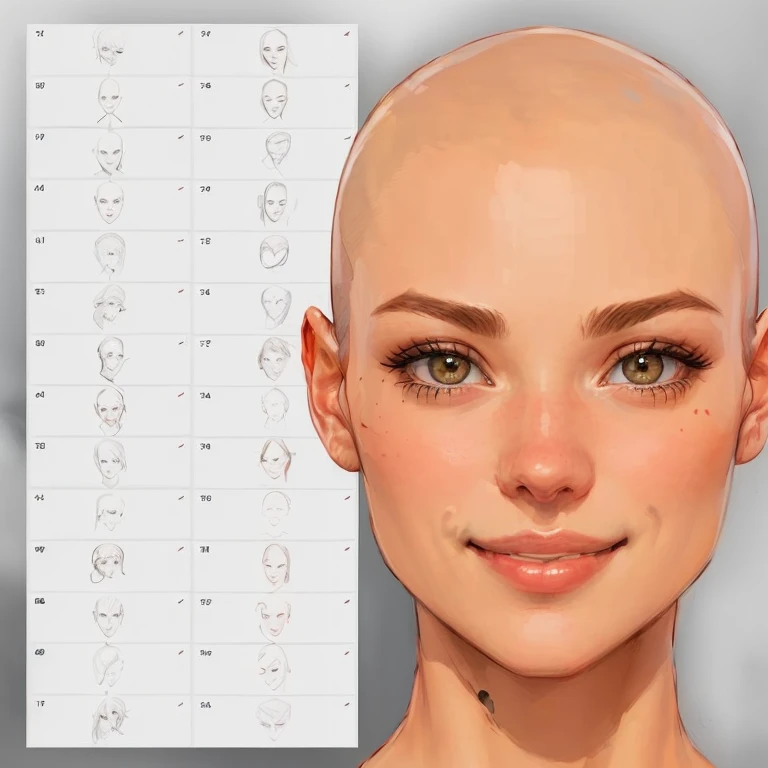 um close de uma com um sorriso lindo mulher careca e o desenho de um rosto, Rosto realista e anatomia, rostos femininos realistas, realistic body features and face, Rostos realistas e anatomia, rostos detalhados e realistas, Detailed and symmetrical face, rosto realista e detalhado, realistic facial features, rosto realista detalhado, detalhes faciais proporcionais, rosto realista detalhados