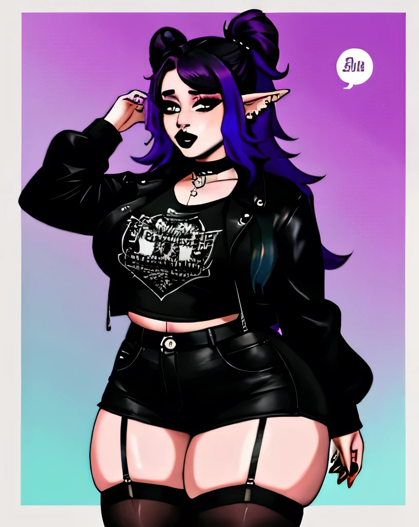 Punk trad goth, Half neon purple hair, half black, hair, hair is long, hair is styled, ombre hair, split dye hair goth punk outfit, black lipstick, galaxy, night sky, night time, pink eyes, chubby body, chubby girl, elf ears, fangs, pointy ears, fishnet shirt, fishnet, thigh highs, black outfit, choker, ahegao face, lips are colored black, lipstick black, chubby waist, chubby thighs, thick body, chubby belly, fat rolls, stretch marks, big chest, big waist, black nails, tattoos, facial piercings, nose piercing, ear piercings, chain jewelry, bracelets, leather jacket, long hair, black lipstick, dark lips, black lipstick, black outfit, goth background