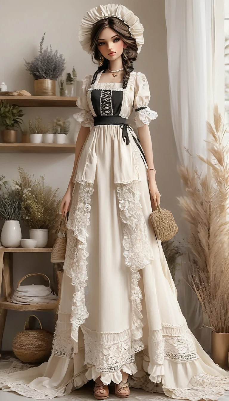 in style of Boho fashion design, Maid Outfit, full body, beautiful detailed