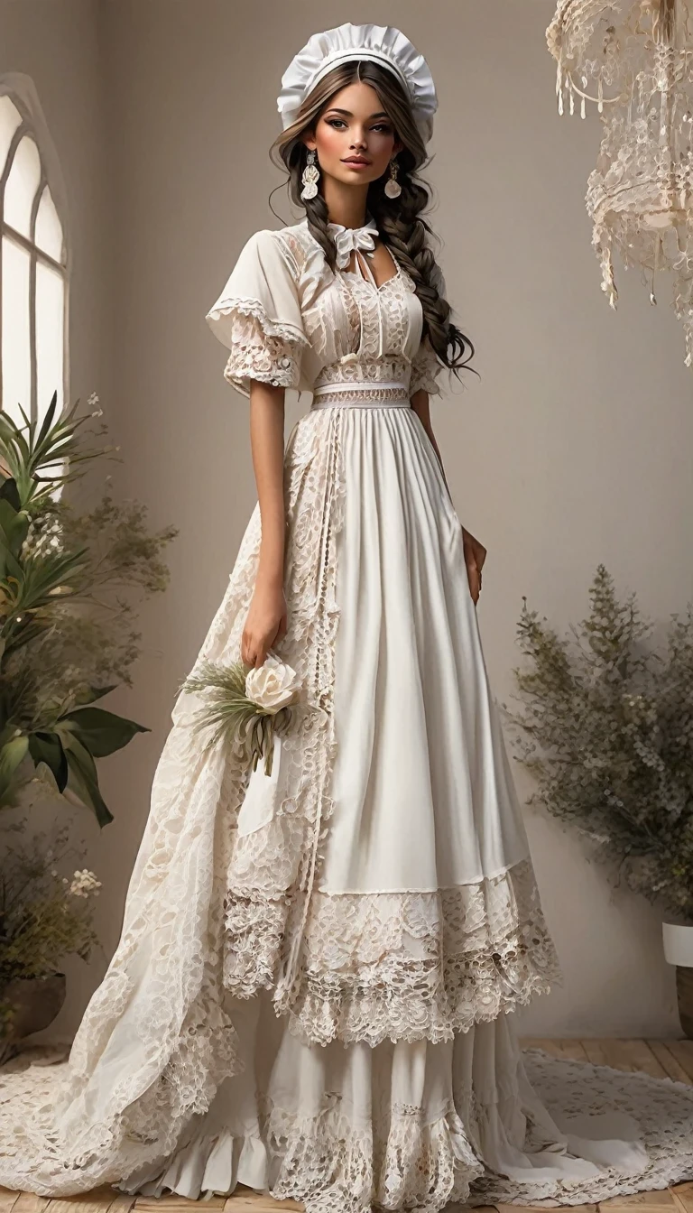 in style of Boho fashion design, Maid Outfit, full body, beautiful detailed