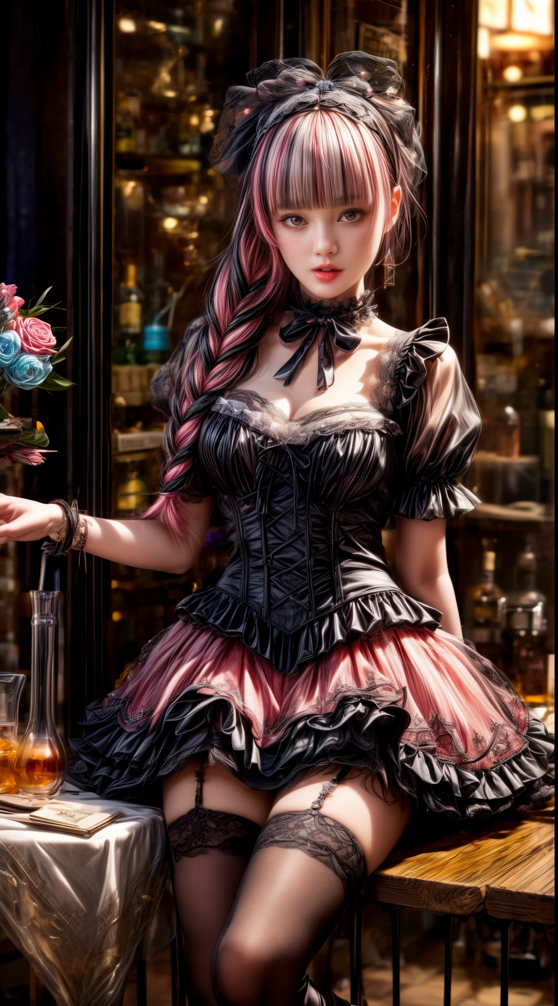 Mature Woman、Pink Hair、Black Hair、((Two-tone hair))、Black ta dress with delicate pink embellishments、Slender women、Cute Woman、 8K Ultra HD,Detailed face、Delicate texture, Long Hair、(((Blunt bangs)))、(((Drill Hair)))、Tutu skirt、Thigh-length tights、short boots、((Sweet Loli、mini skirt、A room in a Western-style building、((Delicate photo)),(Girl Astepeace RAW Photo Details:1.25), (highest quality:1.6), (超A high resolution:1.5), (Realistic:1.75), 8K resolution, Canon EOS R5, 50mm, Absurd, Super detailed,Cinema Lighting、((Lollipop and whiskey glass:1.25))