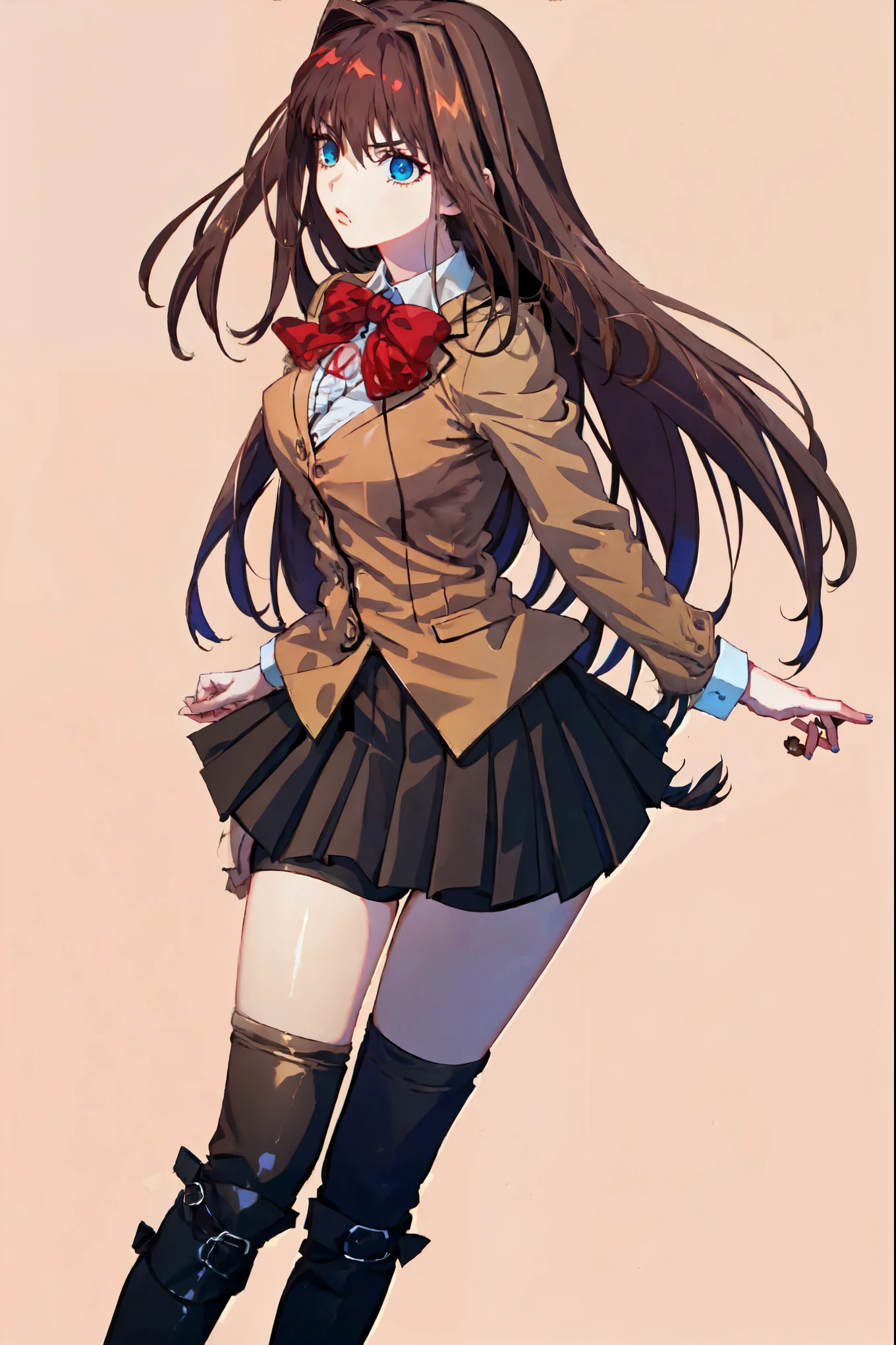 1girl, solo, cinematic light, colorful, hyper detail, dramatic light, intricate details, best quality, (wallpaper, masterpiece ultra-detailed), beautiful detailed face, high contrast, AokoSchoolUniform, ((only 2 legs)), (lush luscious hair:1.1), very long hair, (chestnut-brown hair with slightly reddish undertone), red bowtie, (beige blazer:1.5), (white shirt:0.9), (large breasts:0.8), nice hips, (Umber pleated-skirt:1.5), (black spandex shorts:1.4), (nice thighs:1.5), (symmetrical black thigh-high stockings:1.5), (brown Strap-Shoes), standing straight, ((Fullbody included in frame)), white-empty background, (((empty background:1.8))), looking front