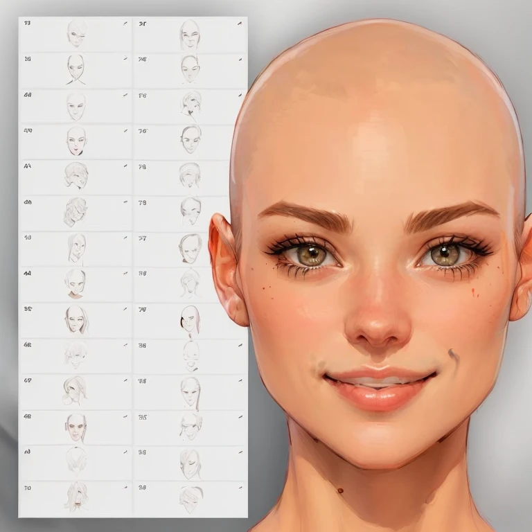 um close de uma mulher careca e o desenho de um rosto, Rosto realista e anatomia, rostos femininos realistas, realistic body features and face, Rostos realistas e anatomia, rostos detalhados e realistas, Detailed and symmetrical face, rosto realista e detalhado, realistic facial features, rosto realista detalhado, detalhes faciais proporcionais, rosto realista detalhados com um sorriso mostrando os dentes