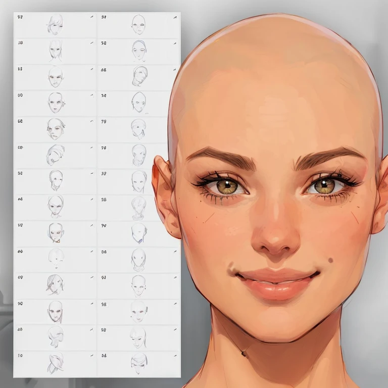 um close de uma com um sorriso lindo mulher careca e o desenho de um rosto, Rosto realista e anatomia, rostos femininos realistas, realistic body features and face, Rostos realistas e anatomia, rostos detalhados e realistas, Detailed and symmetrical face, rosto realista e detalhado, realistic facial features, rosto realista detalhado, detalhes faciais proporcionais, rosto realista detalhados
