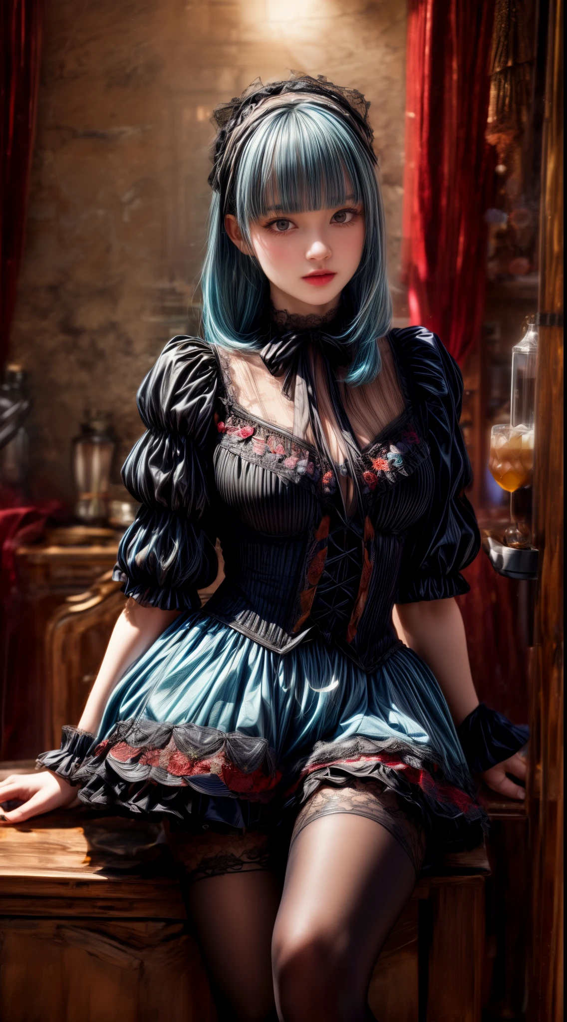 Light blue hair、Black Hair、((Two-tone hair))、Black ta dress with delicate light blue decoration、Slender women、Cute Woman、 8K Ultra HD,Detailed face、Delicate texture, Long Hair、(((Blunt bangs)))、(((Drill Hair)))、Tutu skirt、Thigh-length tights、short boots、((Sweet Loli、mini skirt、A room in a Western-style building、((Delicate photo)),(Girl Astepeace RAW Photo Details:1.25), (highest quality:1.6), (超A high resolution:1.5), (Realistic:1.75), 8K resolution, Canon EOS R5, 50mm, Absurd, Super detailed,Cinema Lighting、((Lollipop and whiskey glass))