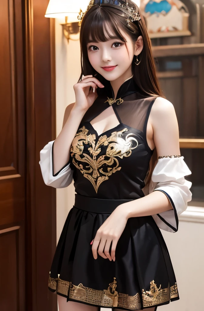 highest quality,Photo quality,Ultra-high resolution,Professional Lighting,18-year-old,Beautiful face like an actress,With bangs,China Princess,Sexy Costumes:1.2,mini skirt:1.5,Smile