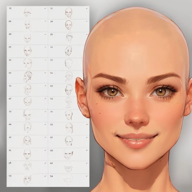 um close de uma mulher careca e o desenho de um rosto, Rosto realista e anatomia, rostos femininos realistas, realistic body features and face, Rostos realistas e anatomia, rostos detalhados e realistas, Detailed and symmetrical face, rosto realista e detalhado, realistic facial features, rosto realista detalhado, detalhes faciais proporcionais, rosto realista detalhados com um sorriso mostrando os dentes 